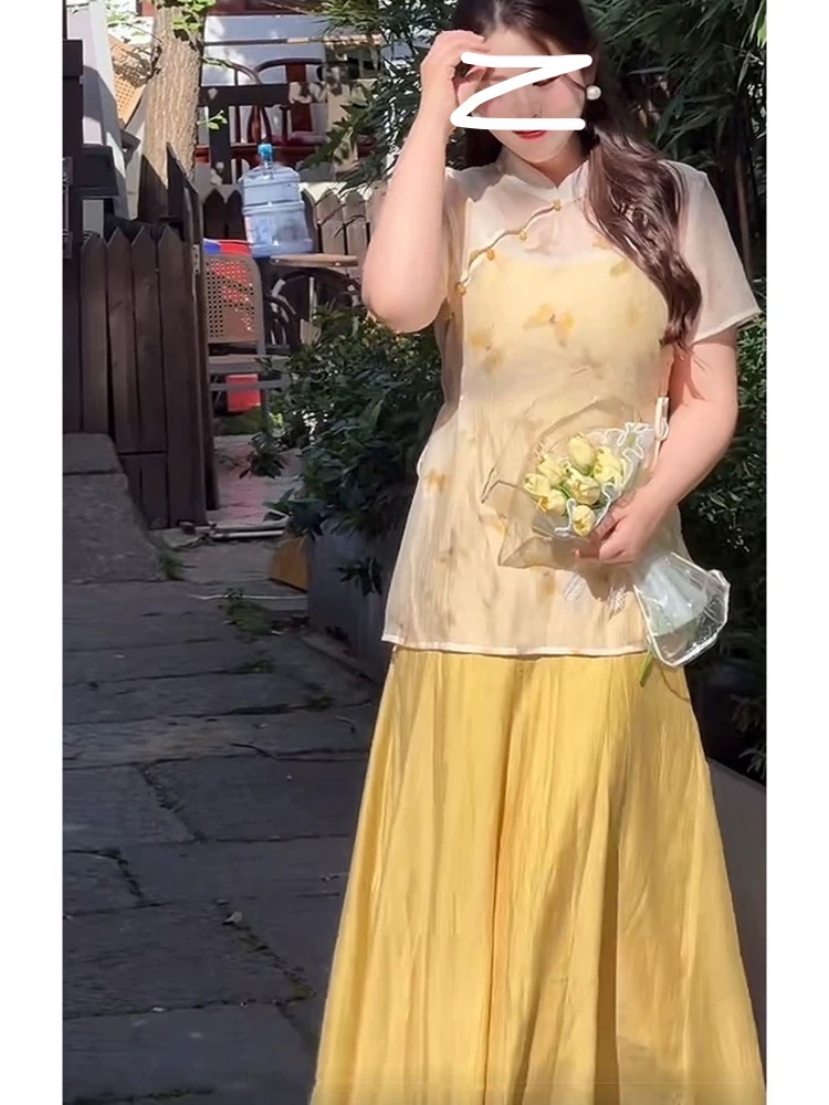 51610胖MM新中式立领斜门襟短袖+吊带裙2025夏季显瘦气质套装