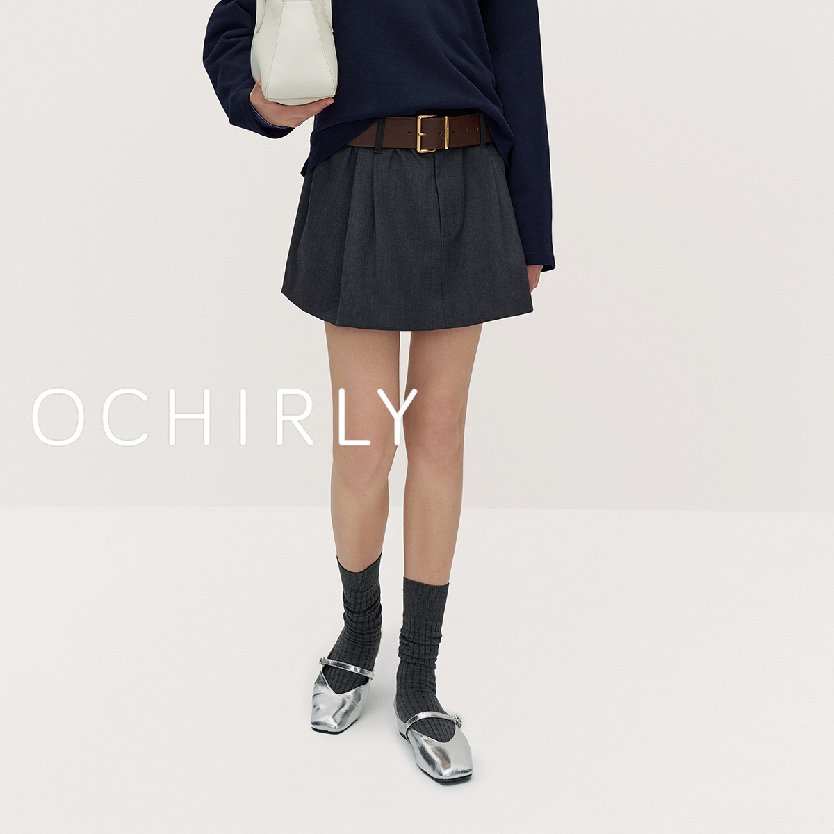 套3ochirly欧时力羊毛精纺A字半身裙短裙褶裙春装新