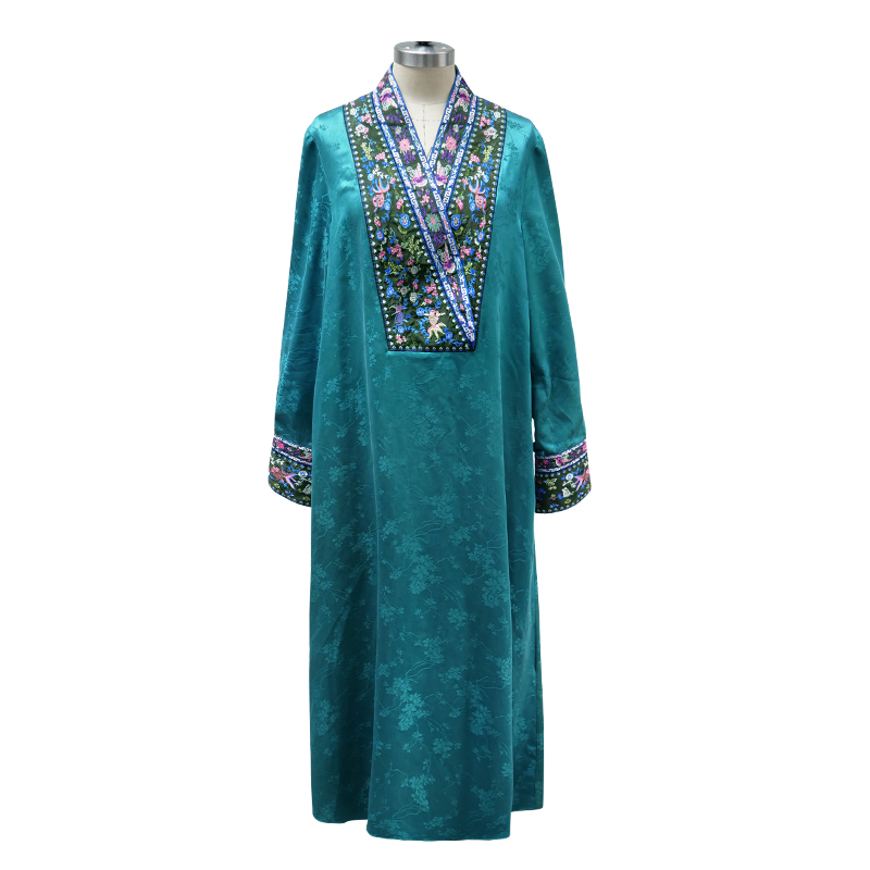 娑尔金鱼刺绣孔雀蓝提花香云纱连衣裙SJ2LN03603