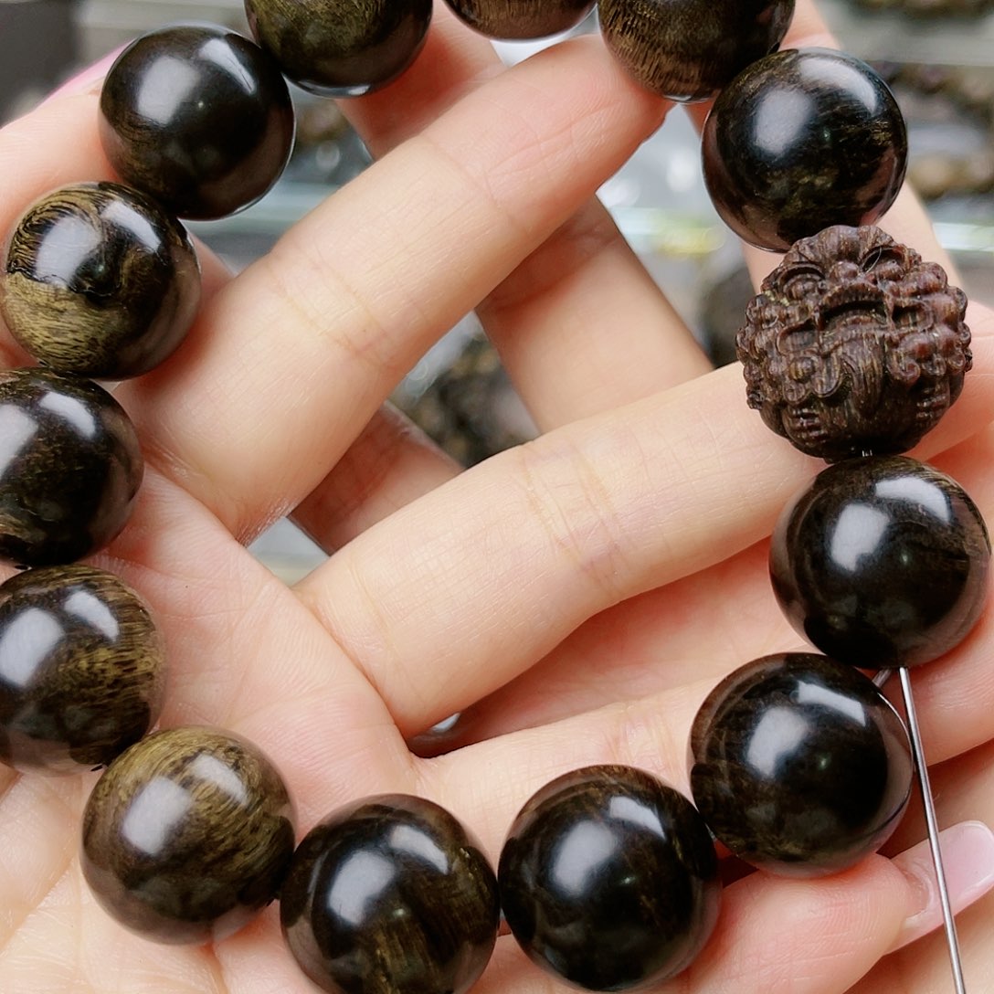 沉香手串若*帝王紫棋玉化老料满樱子瘤疤虎斑纹1.8