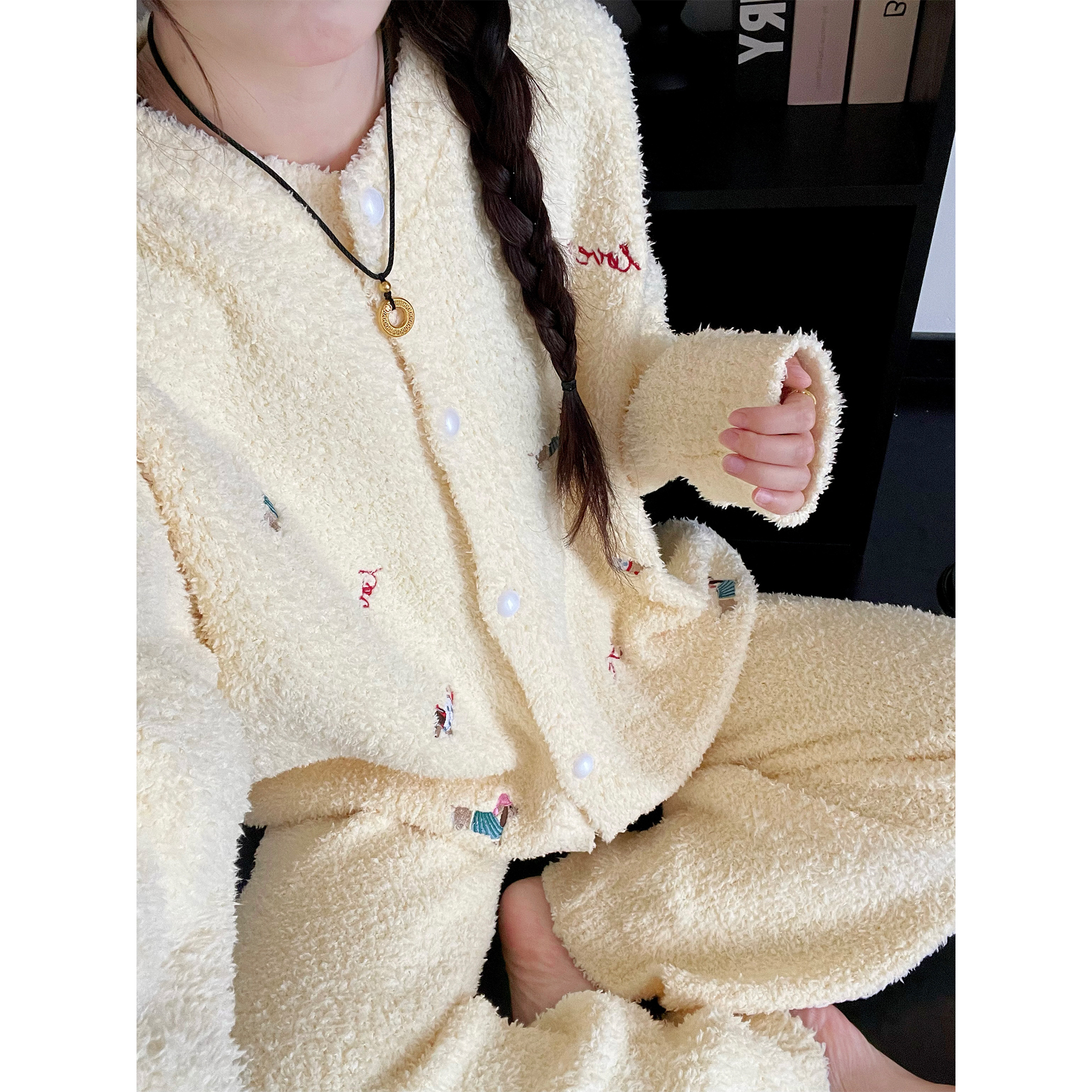 甜美少女腊肠狗半边绒睡衣女款秋冬季新款大码加厚保暖家居服套装