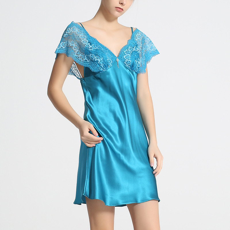  真丝吊带裙花边桑蚕丝睡裙宽肩美背性感女家居服D-1083-1