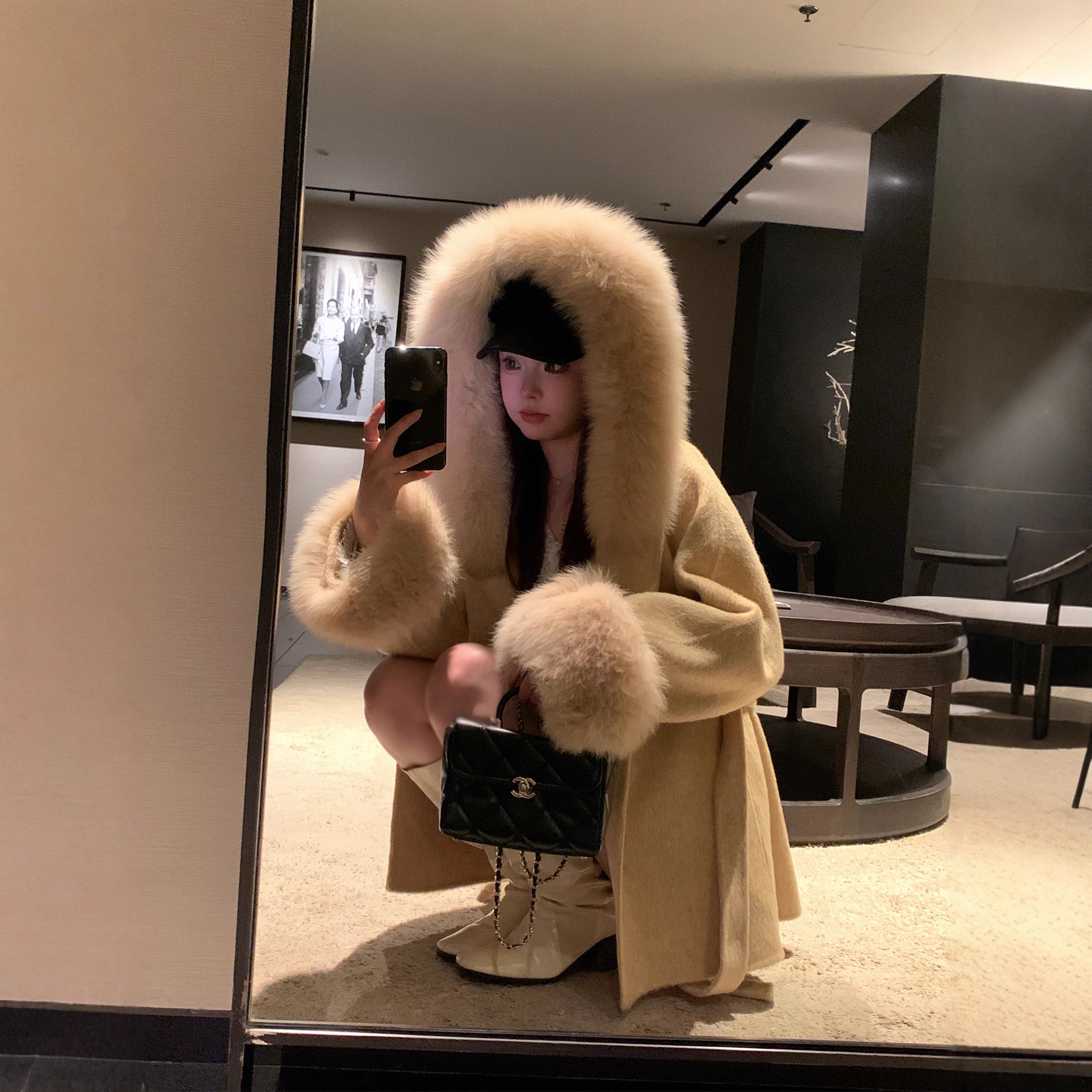 里拉哥剧院秋冬新款狐狸毛连帽双面羊绒大衣女高级感毛呢外套