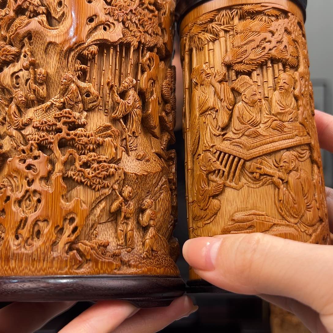 竹易*竹雕香山笔筒加茶叶罐