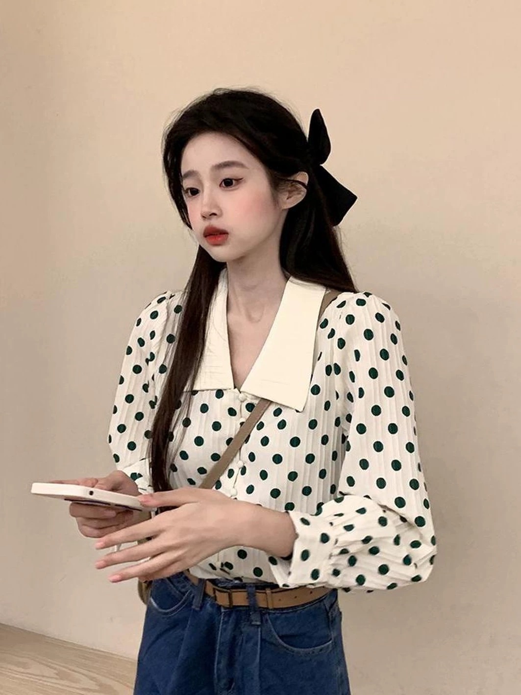 4759 GZG3翻领撞色波点长袖衬衫2025夏季简约时尚宽松百搭休闲