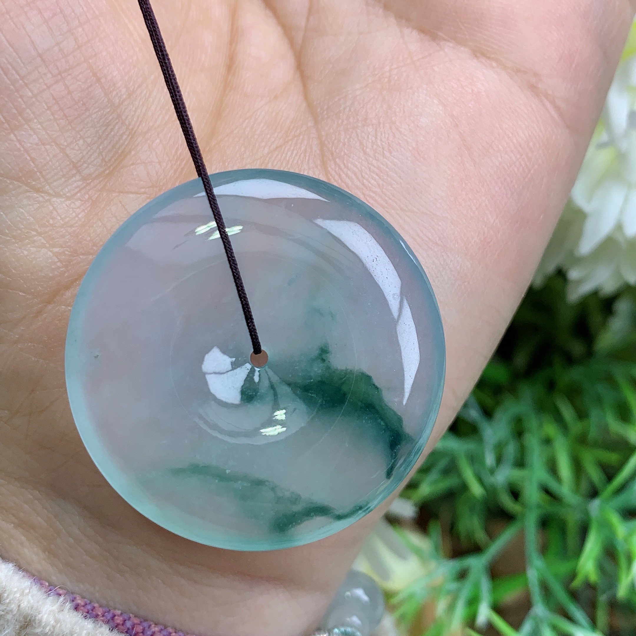 缅甸天然翡翠a货玉石高冰起光飘花平安扣吊坠钟尺寸34.5/6mm