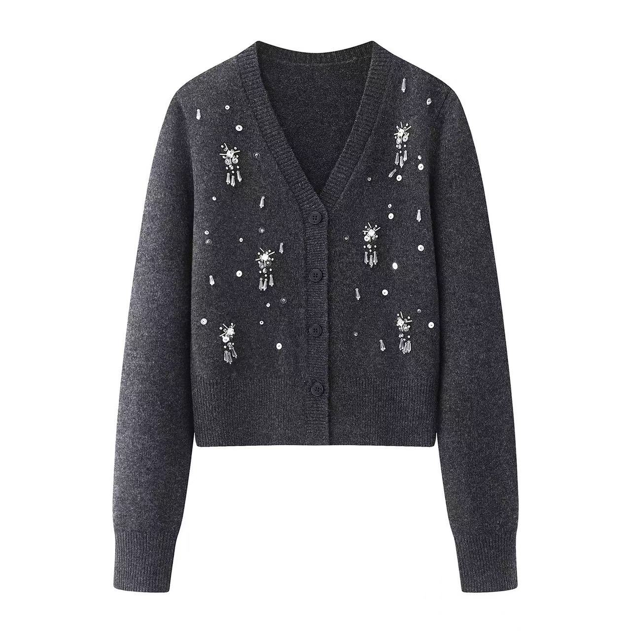 【商场同款】2025冬手工钉珠亮片针织衫开衫毛衣外套7105