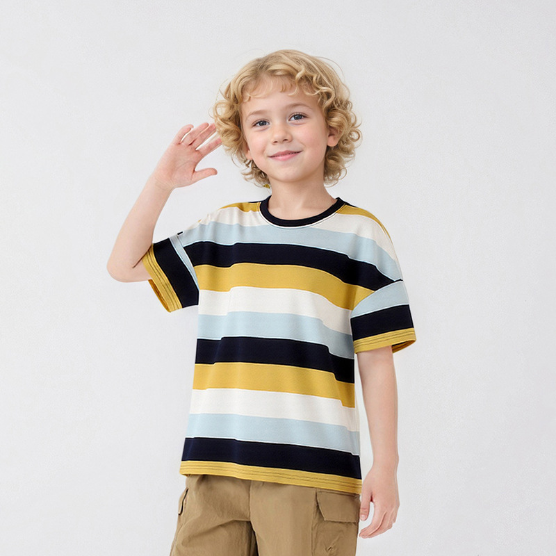 夏季新款儿童短袖 中大童彩色条纹宽松上衣男童短袖T恤纯棉透气