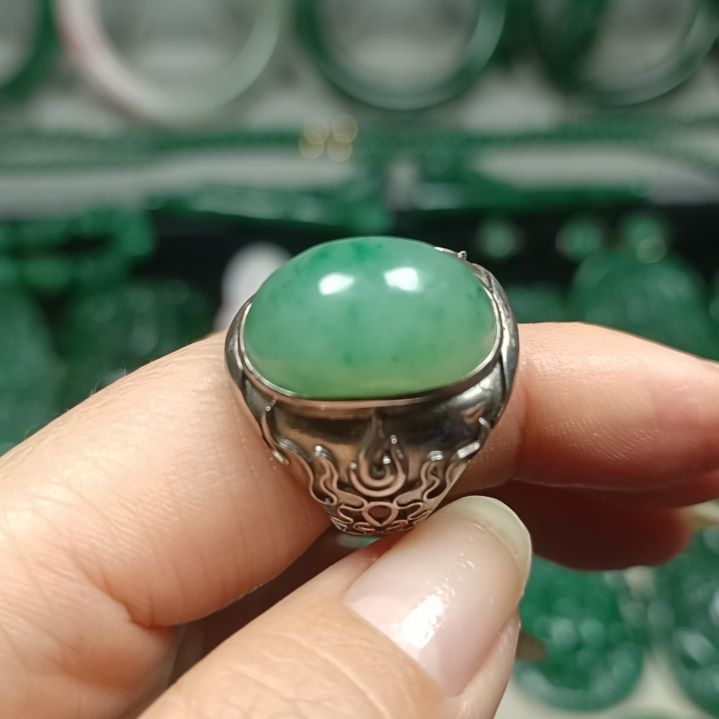 独山玉男戒指银S925镀金镶嵌