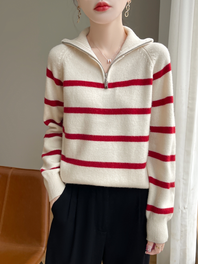 【西绒尔    丝光羊毛】7针加厚条纹polo领半开拉链T2423