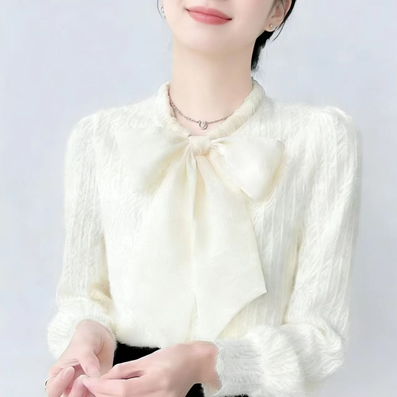 法式时尚蕾丝长袖衬衫女秋冬洋气蝴蝶结飘带小衫加绒加厚保暖上衣