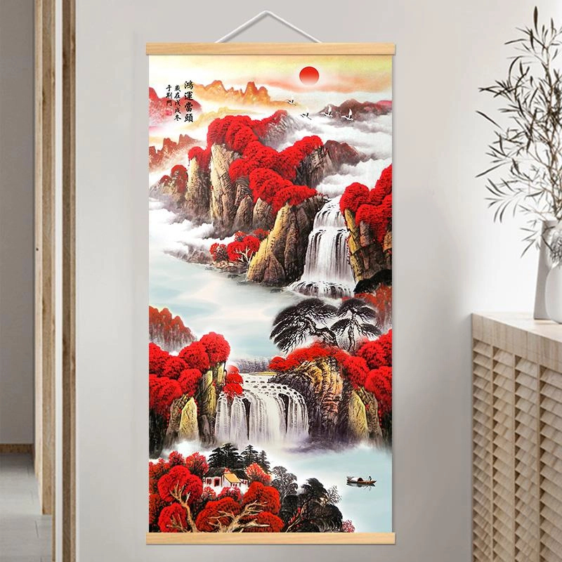 鸿运当头山水招财风水靠山挂卷轴画背景墙客厅玄关图装饰国画竖版