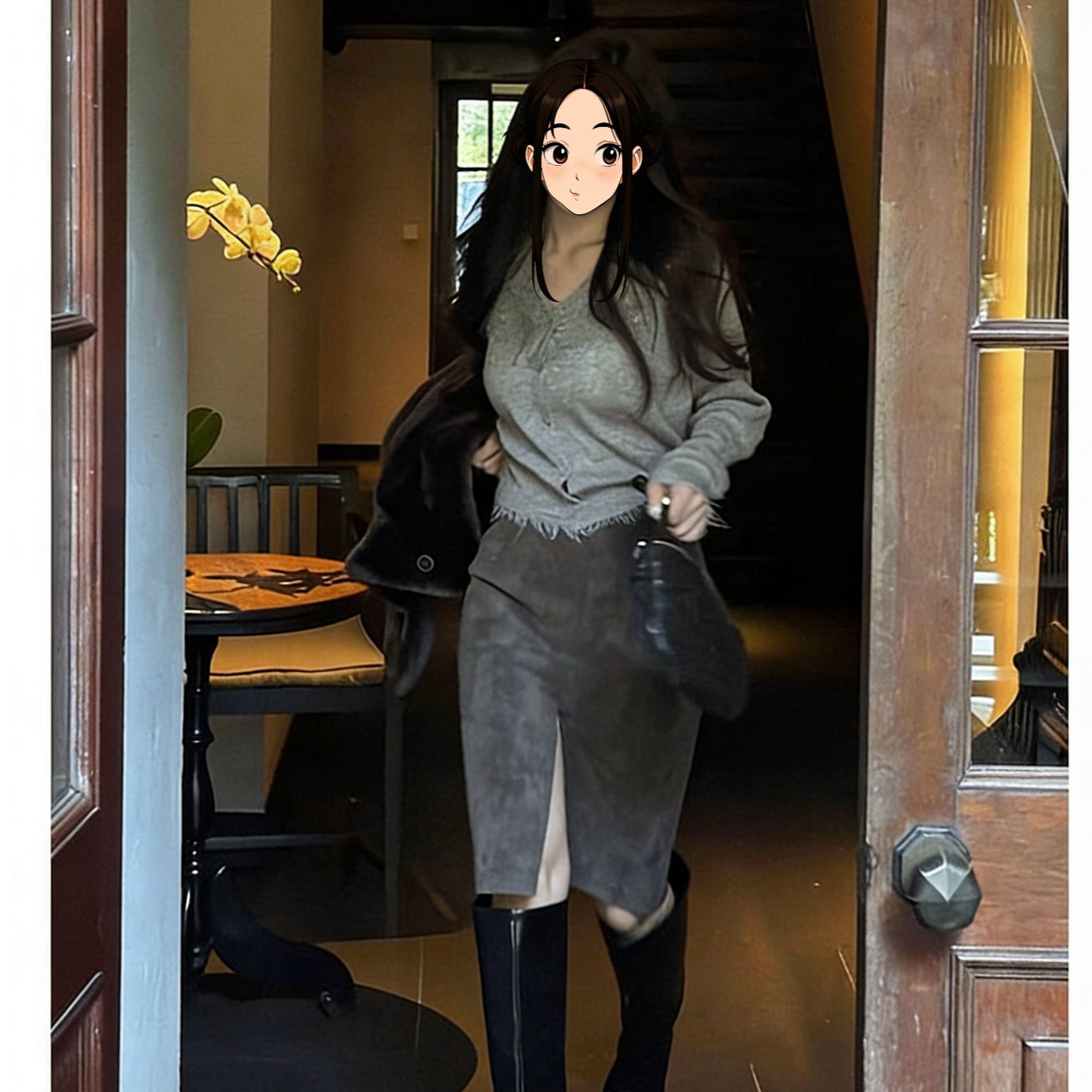 宽松慵懒蕾丝毛衣女气质小众针织开衫+极简艺术设计感半身裙皮裙