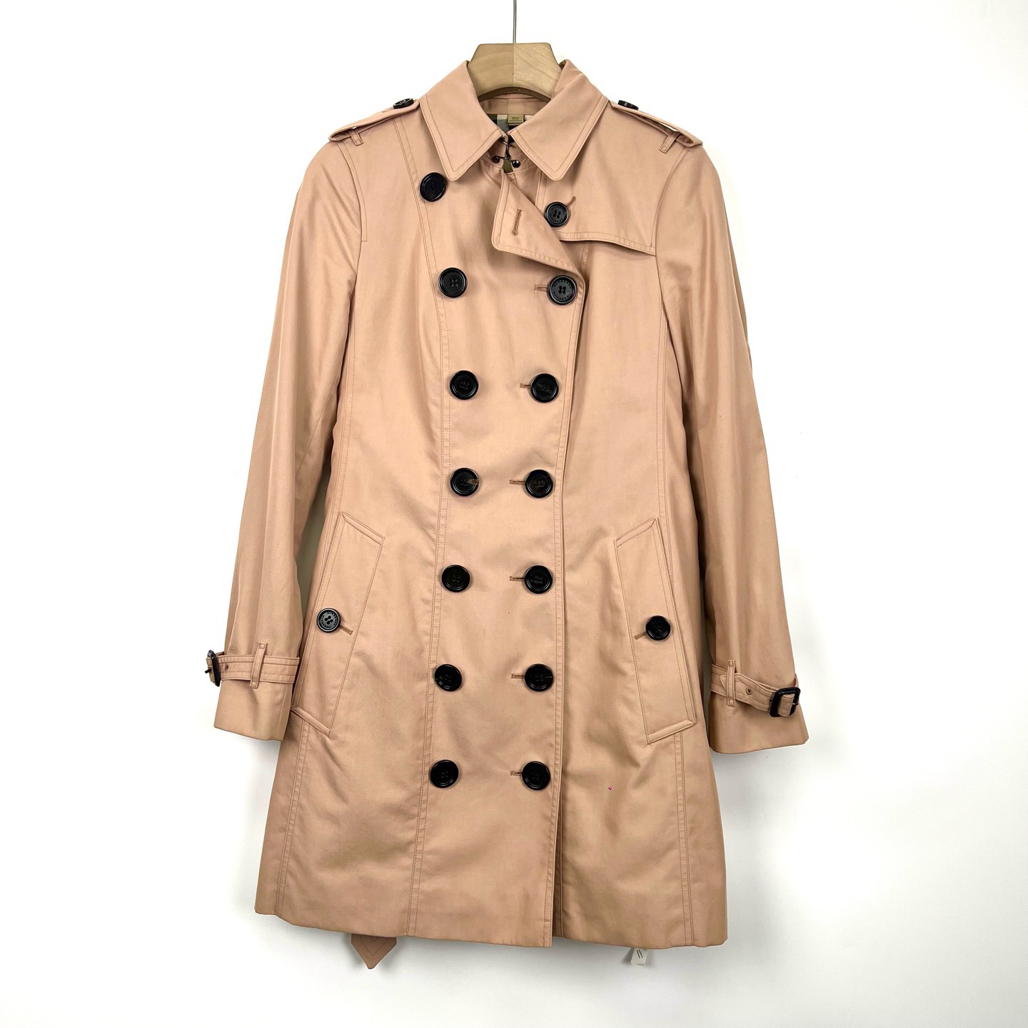 99新 BURBERRY/博柏利 UK8码/藕粉色双排扣系腰带风衣外套/08507