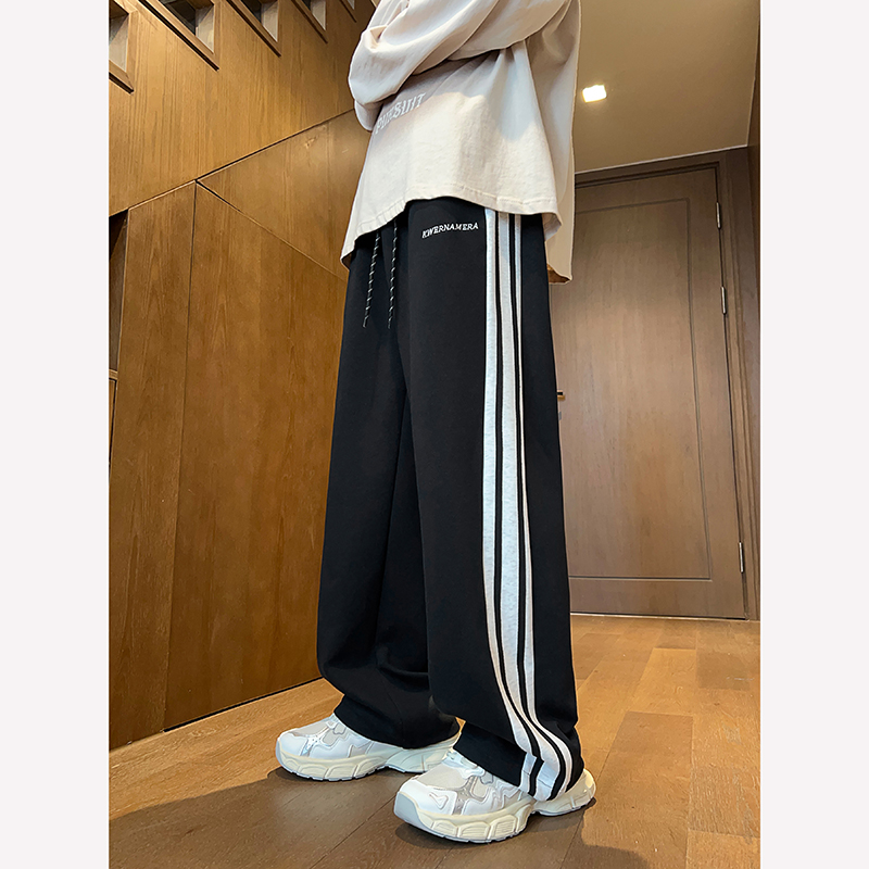 加厚男款百搭条纹直筒阔腿裤休闲裤运动宽松男春秋潮流长裤港风