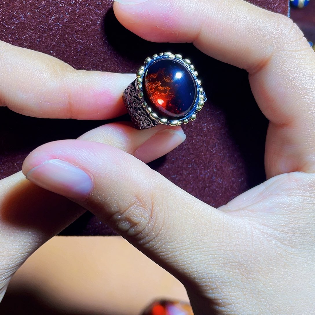 蓝珀裸石银S925镶嵌红蓝戒指