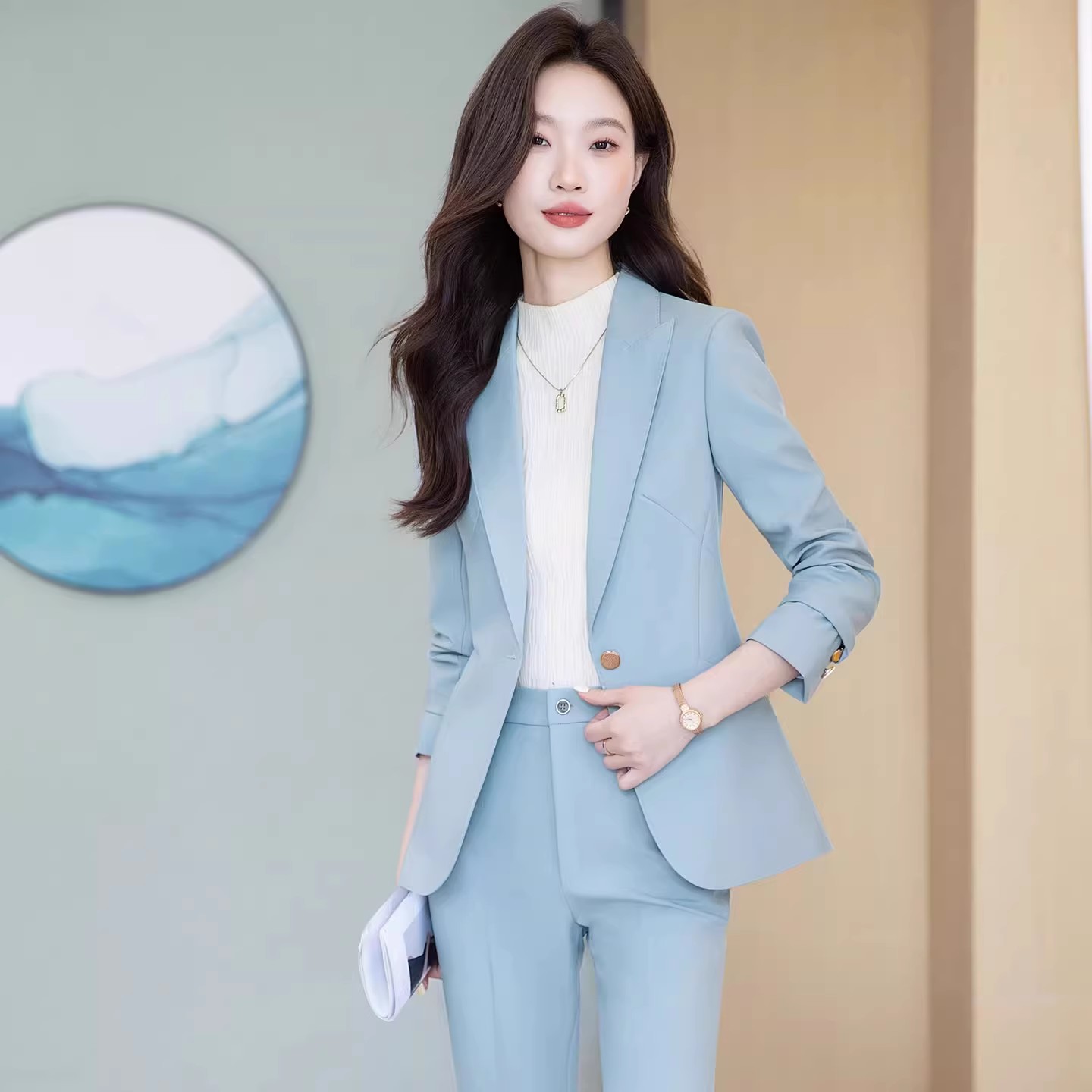 蓝色西装套装女2025新款高级感职业气质女士正装工作服西服外套秋