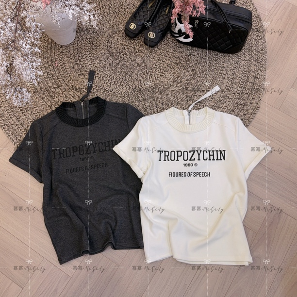 【加厚短袖tee】2025冬季新款字母印花后背半拉链短袖t恤女百搭上衣
