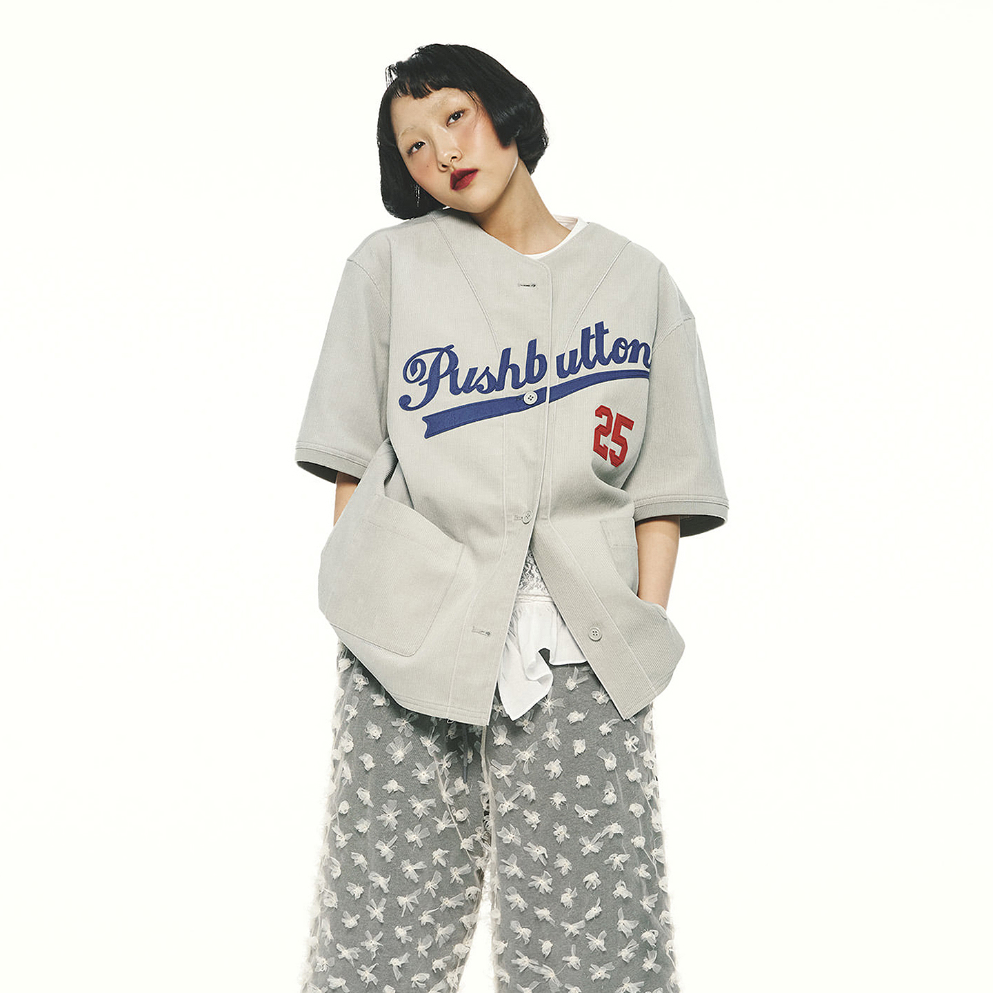现货PUSHBUTTON25早秋新品美式V领灰色logo美式棒球运动开衫