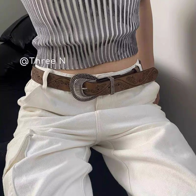 Three N棕色花纹复古腰带女小众设计个性百搭皮带新款配牛仔裤带