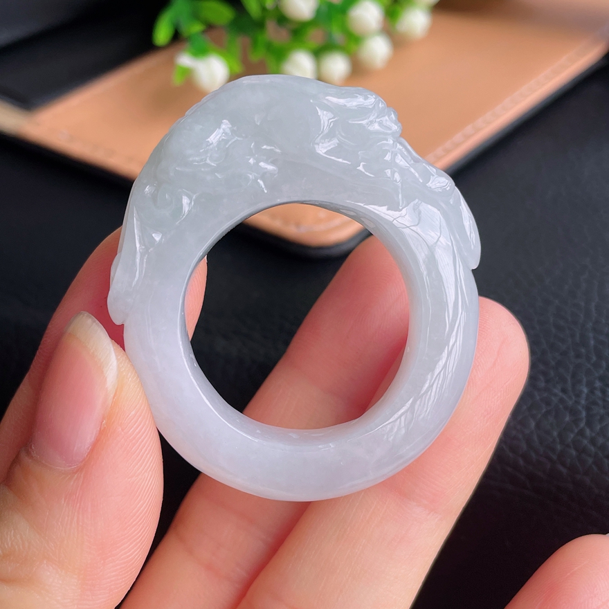 内径25mm大圈口天然A货翡翠貔貅扳指缅甸老坑冰糯种玉貔貅戒圈