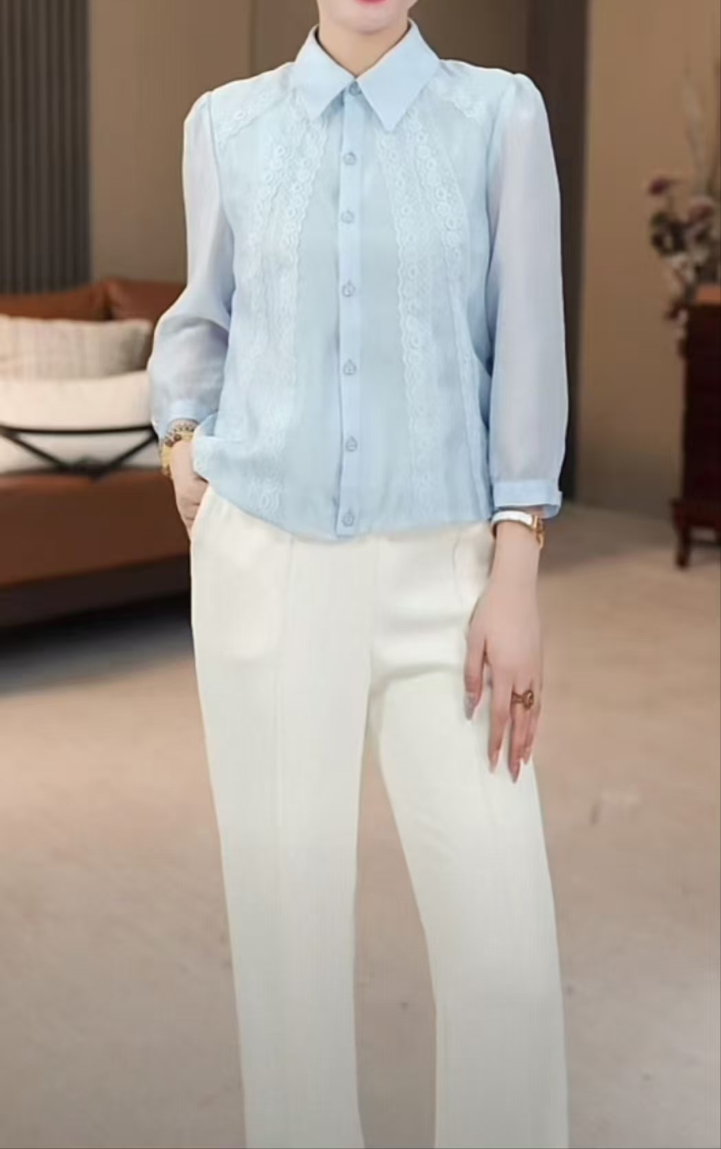 重工蕾丝花边拼接衬衫女欧货春季高级感百搭时尚上衣衬衣7027