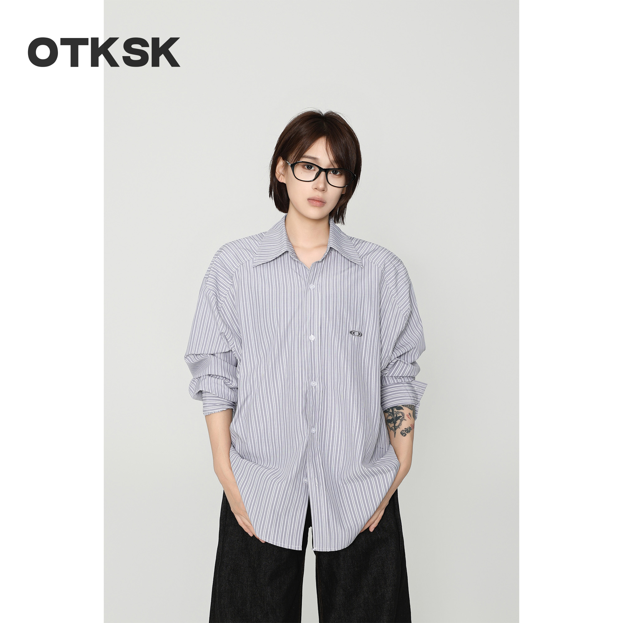 OTKSK 条纹情侣长袖翻领美式复古刺绣衬衫格子休闲欧美风衬衣1423