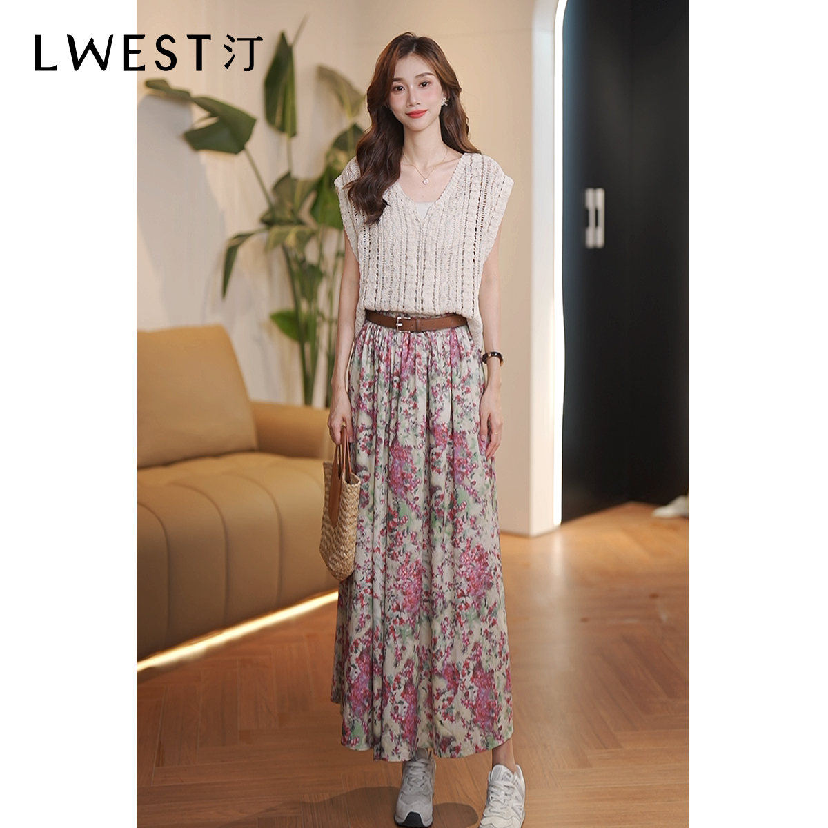 【茉茉专属】朗文斯汀镂空针织上衣碎花半身裙套装DAMG4206C09137