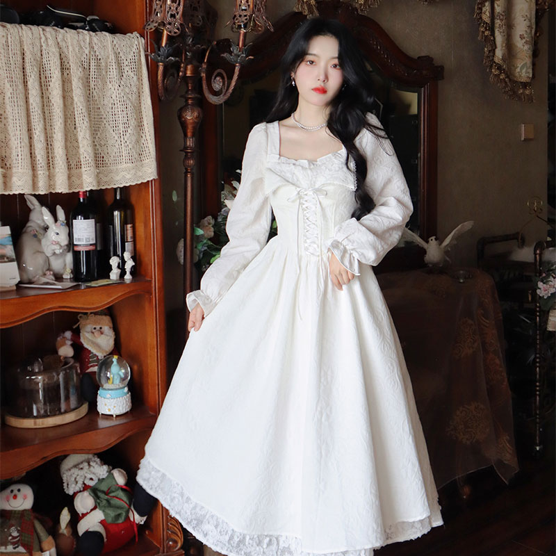 Blovelan星河月光 宫廷气质高腰显瘦白色长袖连衣裙2025秋季款