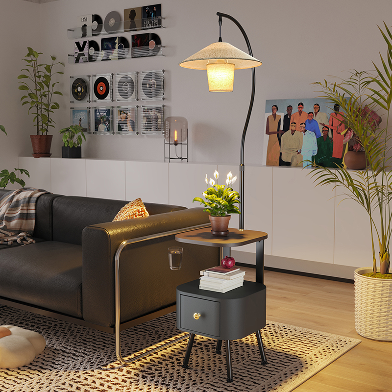 法式床头柜落地灯实木置物架一体立式台灯中古风卧室氛围茶几灯具