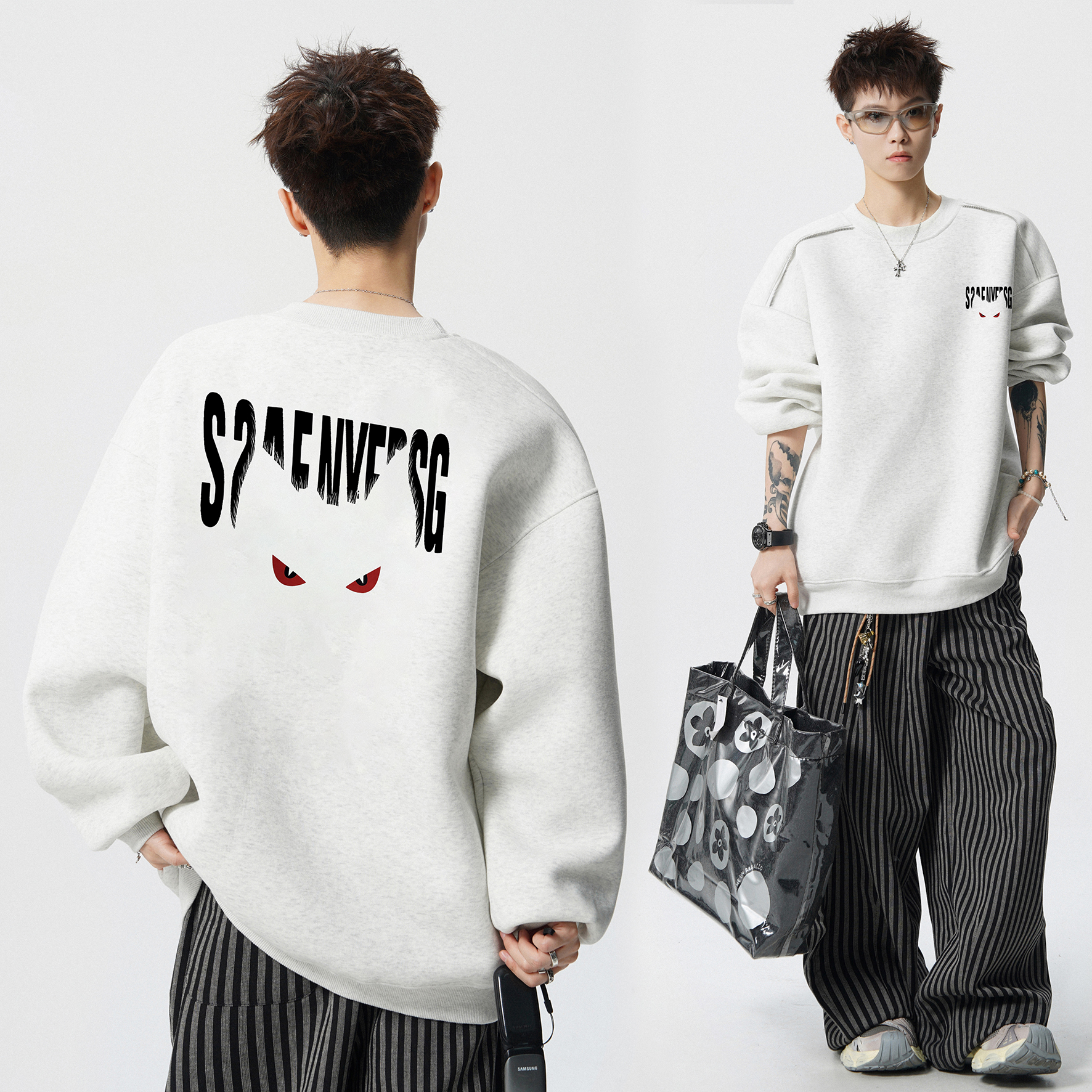 新款恶魔猫字母印花卫衣男秋冬季宽松加绒圆领美式设计感潮牌上衣