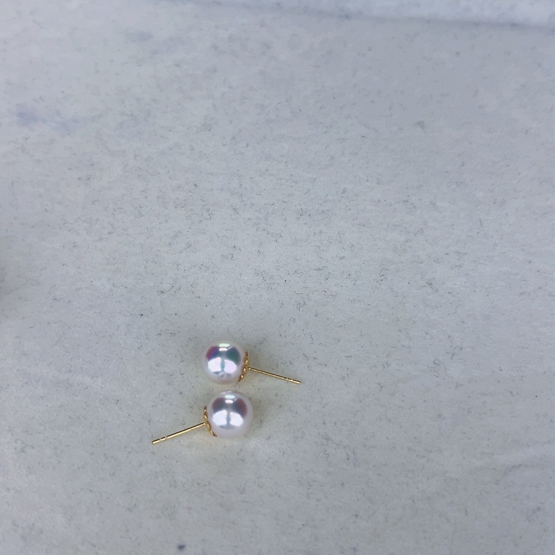 海水珍珠海水akoya天女耳钉8.5-9mm18K金镶嵌