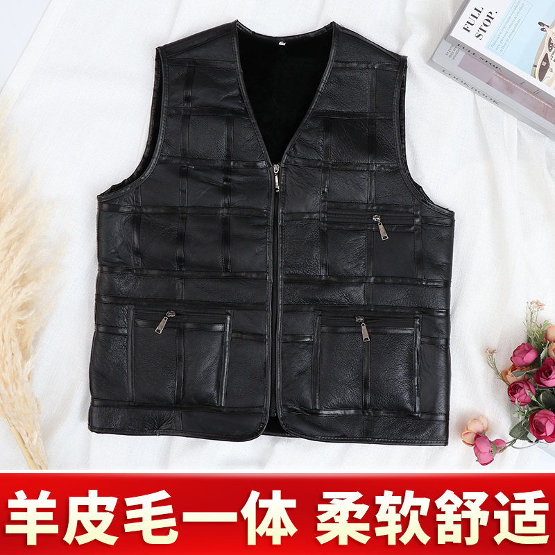 男士皮毛一体坎肩秋冬保暖复古皮夹克大码百搭加绒无袖皮衣外套