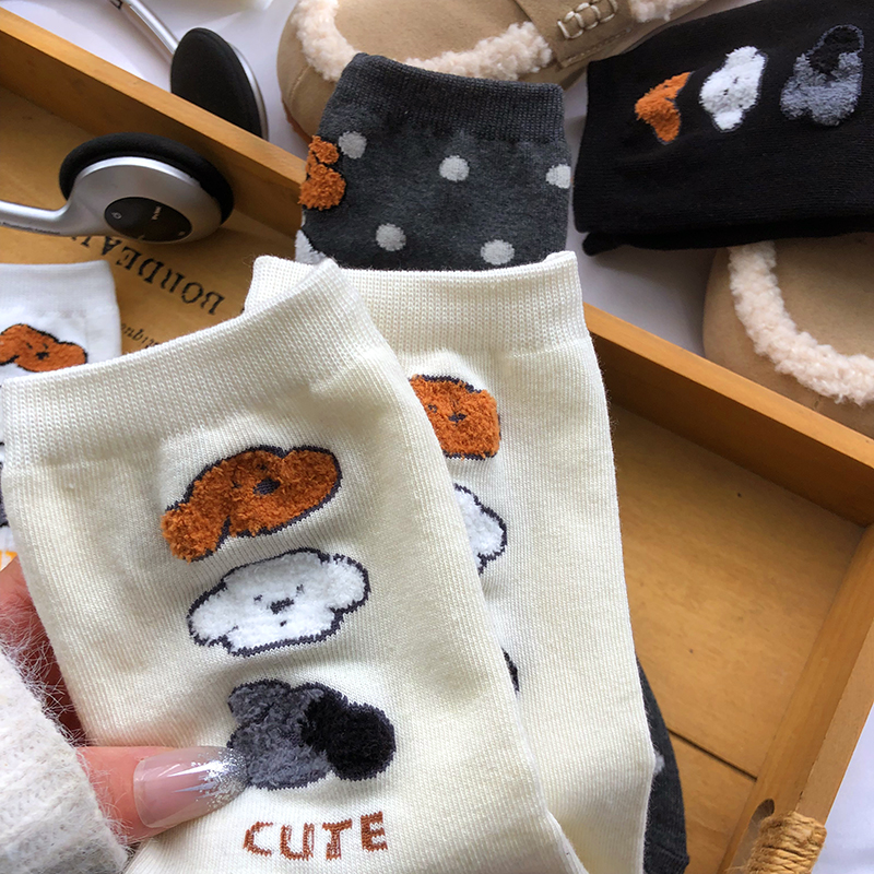 可爱植绒小狗卡通袜女生中筒韩国袜子东大门COZY进口秋冬新款棉袜