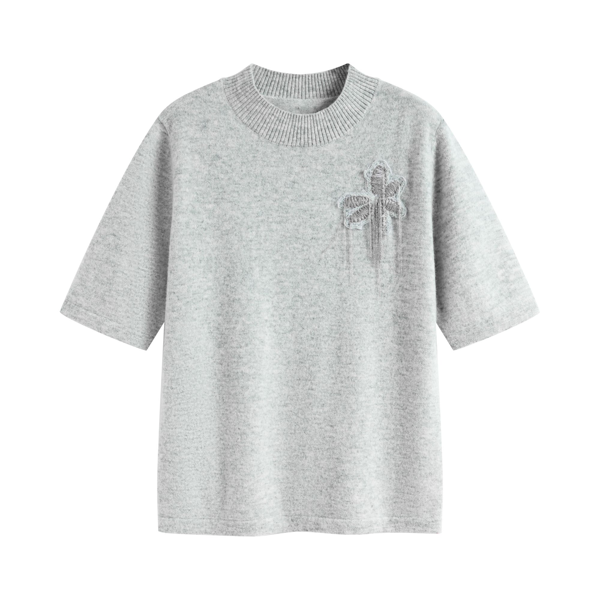 【BC订单】秋冬新款花朵链饰纯山羊绒中袖圆领短袖针织衫1059