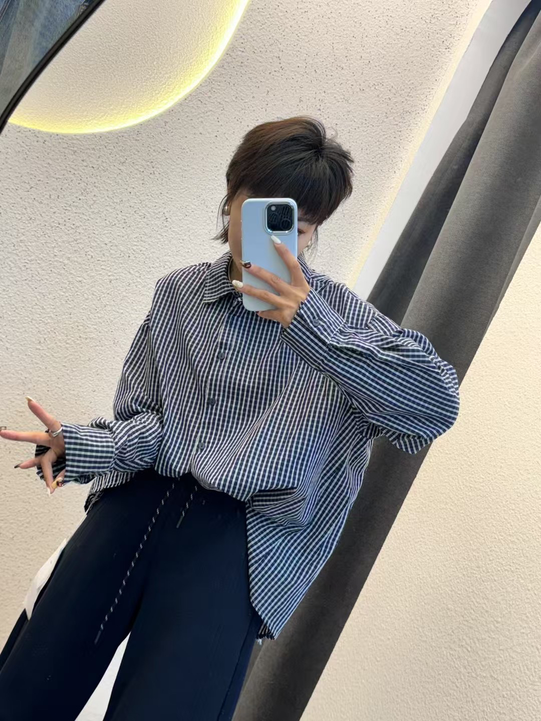XZ韩版通勤格子黑白格衬衫女早秋薄款宽松百搭显瘦高级感上衣