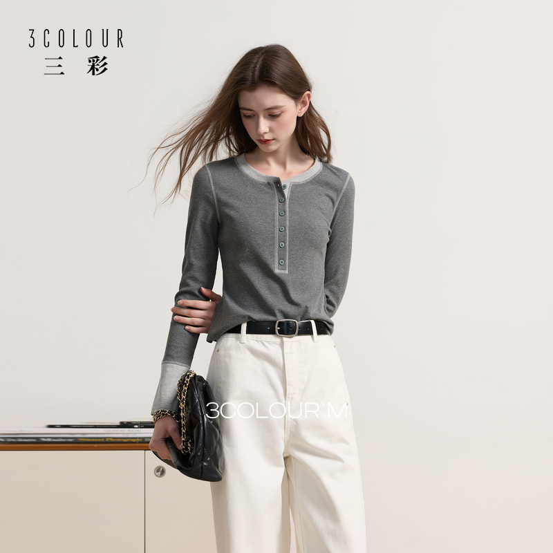 三彩2026春季新款圆领长袖简约T恤套头上衣打底修身短款M