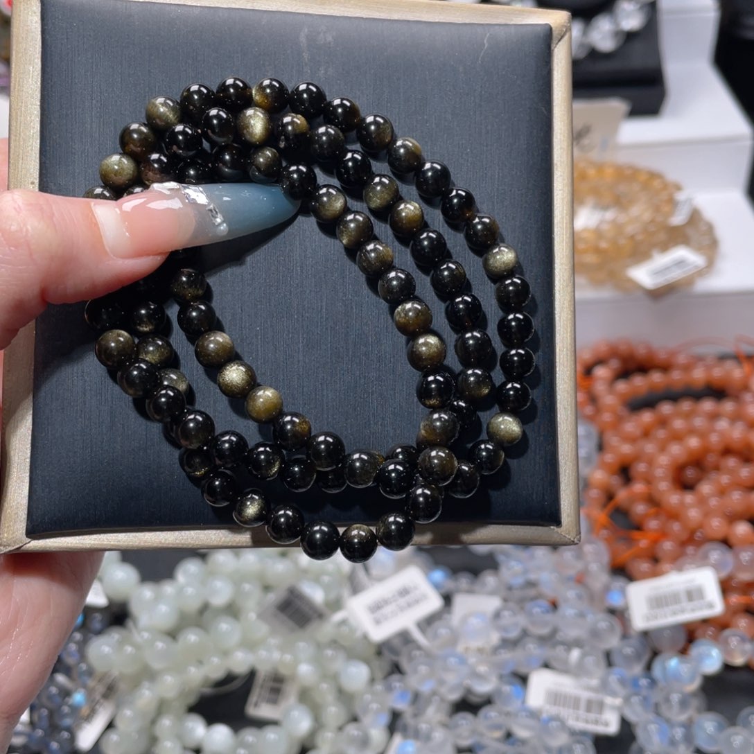 黑曜岩合金手链多圈金耀石6m