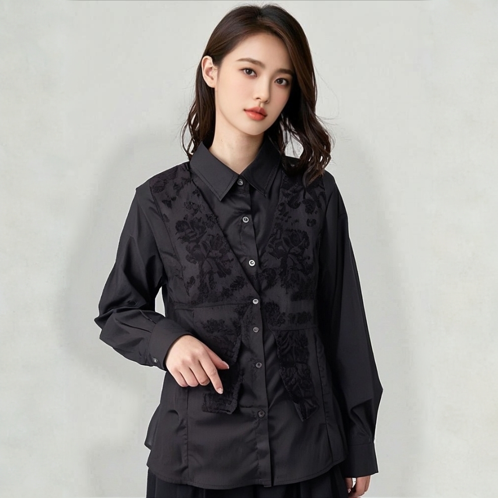 衬衫袖长袖常规黑色口袋雪纺衬衫气质黑色女装微胖女人高档上衣