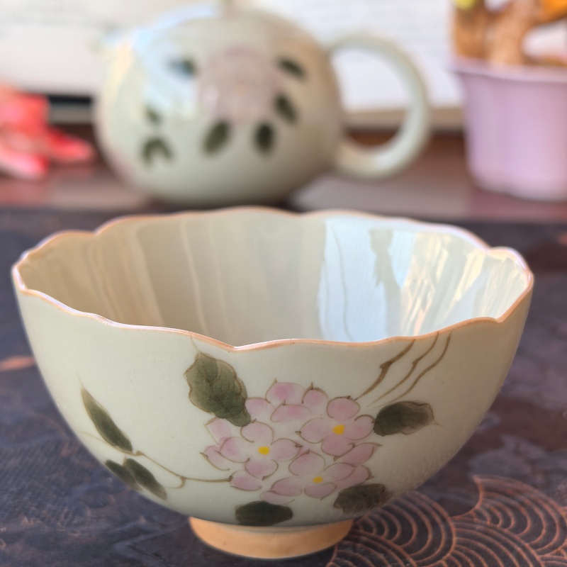 手绘绣球花口品茗杯家用功夫茶具宽口喝茶杯