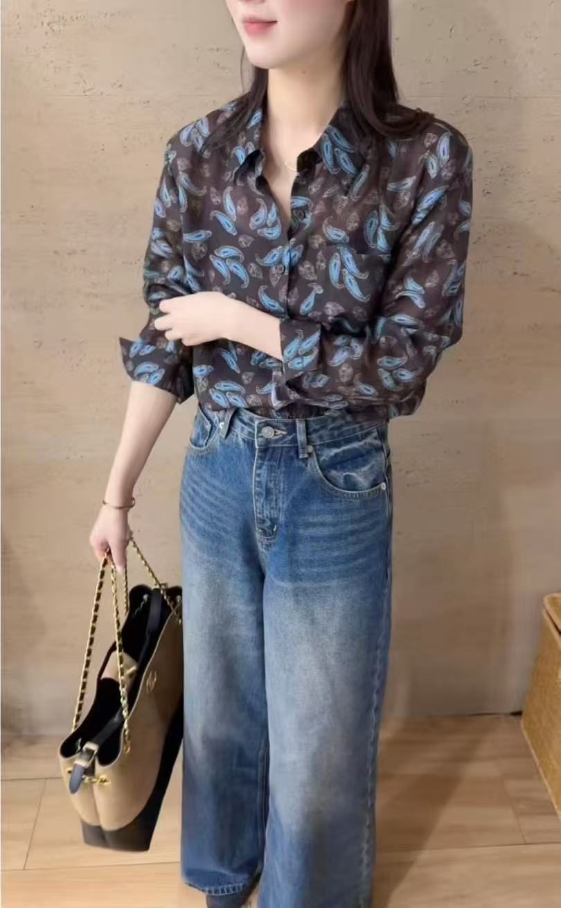 衬衫复古女装街头风薄款衬衣印花长袖做旧显瘦
