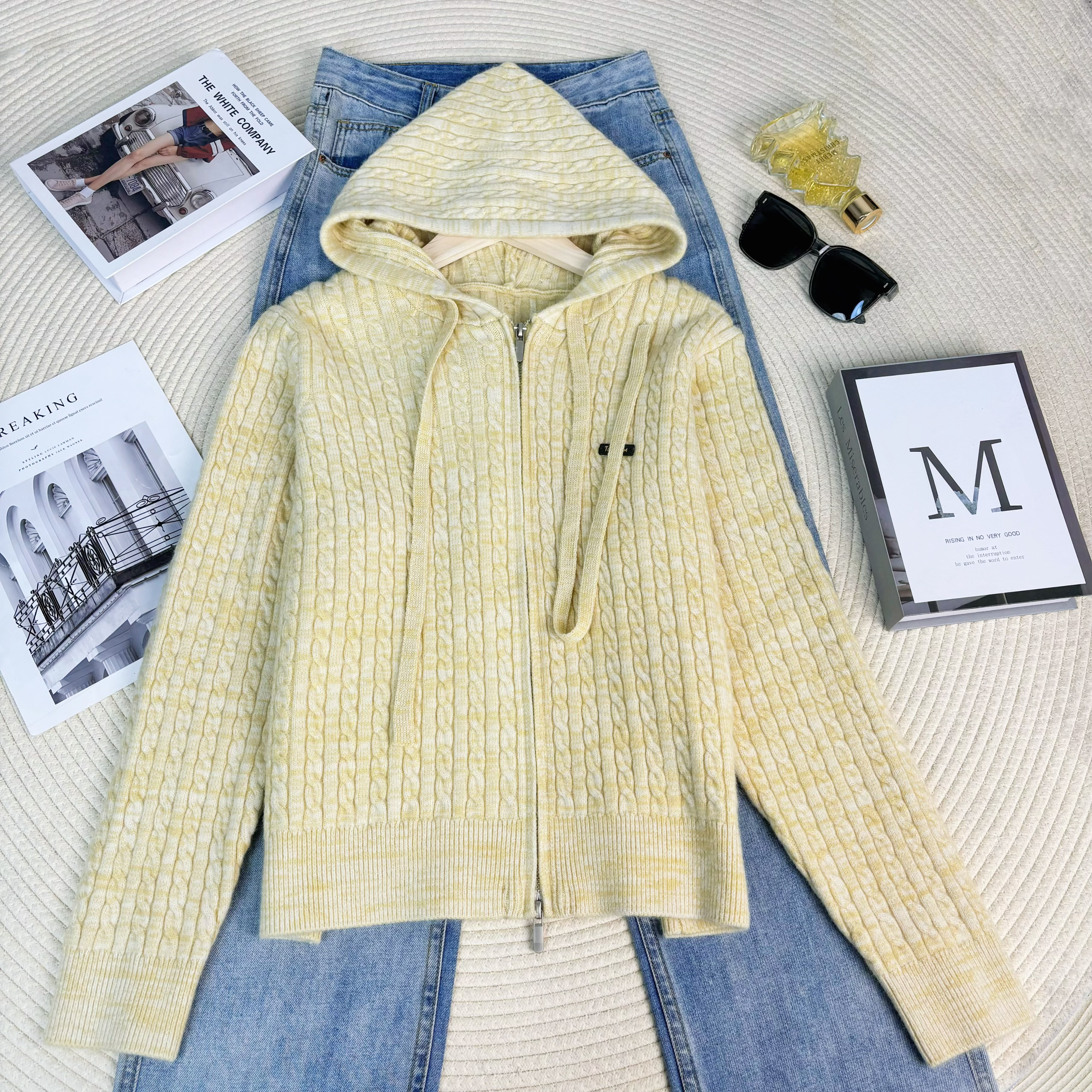 玲姐定制-连帽抽绳双拉链款复古纯色慵懒风针织开衫470635