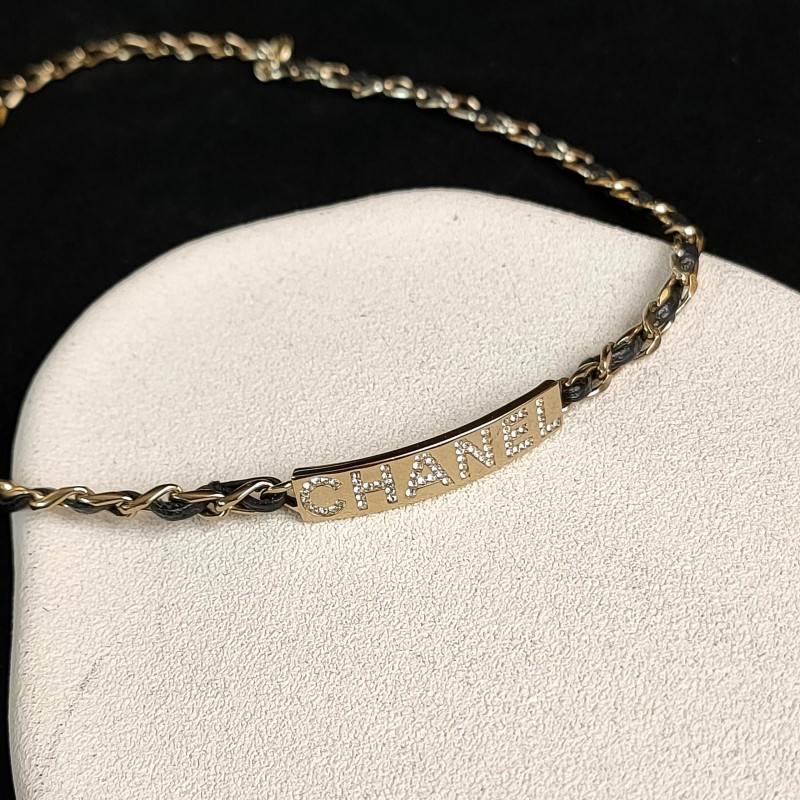 95新 Chanel/香奈儿 【24期免息】20B黑金皮穿链亮钻铭牌项链 51730