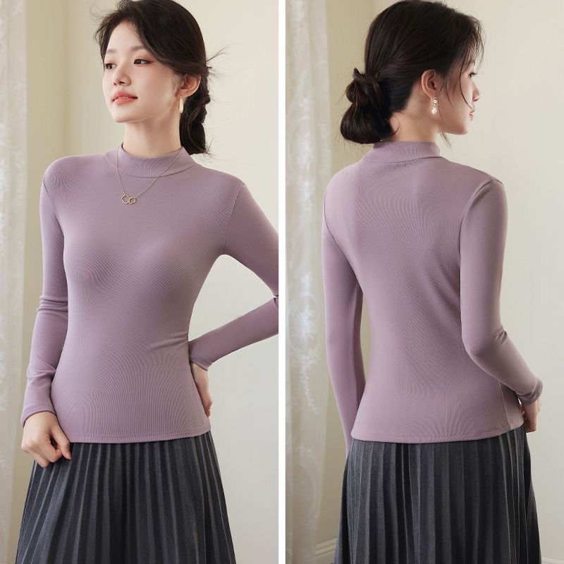 秋冬新款男女半高领长袖t桖纯色保暖贴身双面绒加厚百搭打底衫