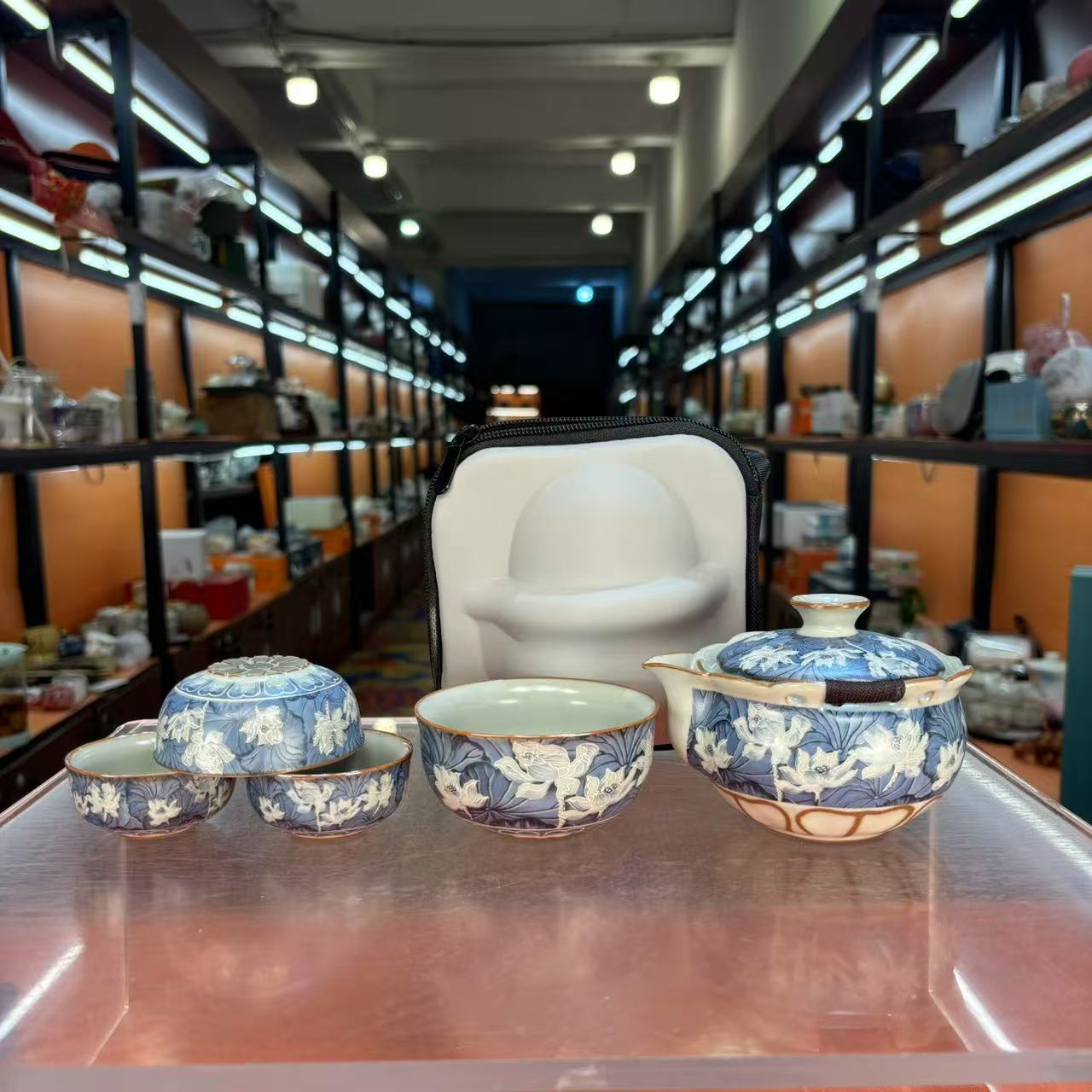 掐银丝蓝彩荷花旅行茶具户外便携式旅行茶具-5977