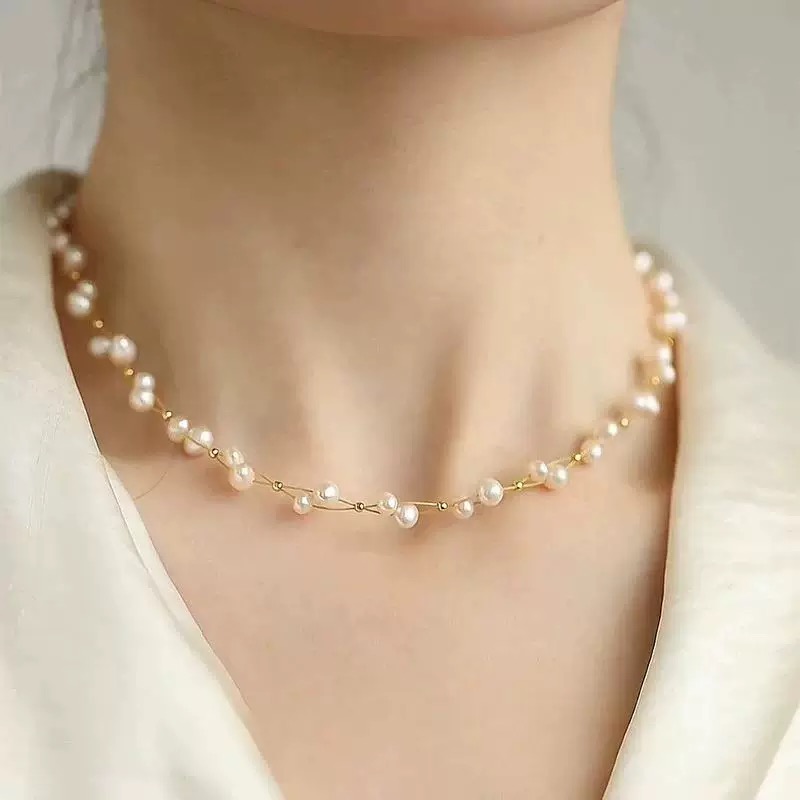 天然淡水珍珠满天星项链女小众简约仙女温柔气质锁骨链复古颈链