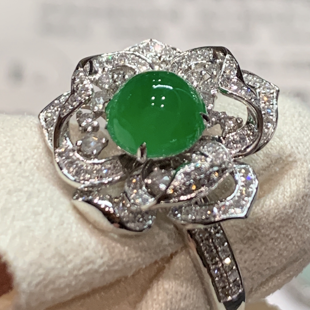 折后戒指 缅甸A货翡翠18K金南非钻 蛋面裸直径8厚圈口14   重7克