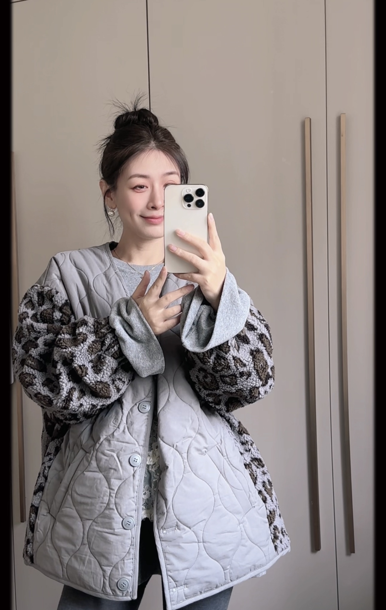 新款时尚百搭圆领显瘦减龄拼接豹纹棉服外套