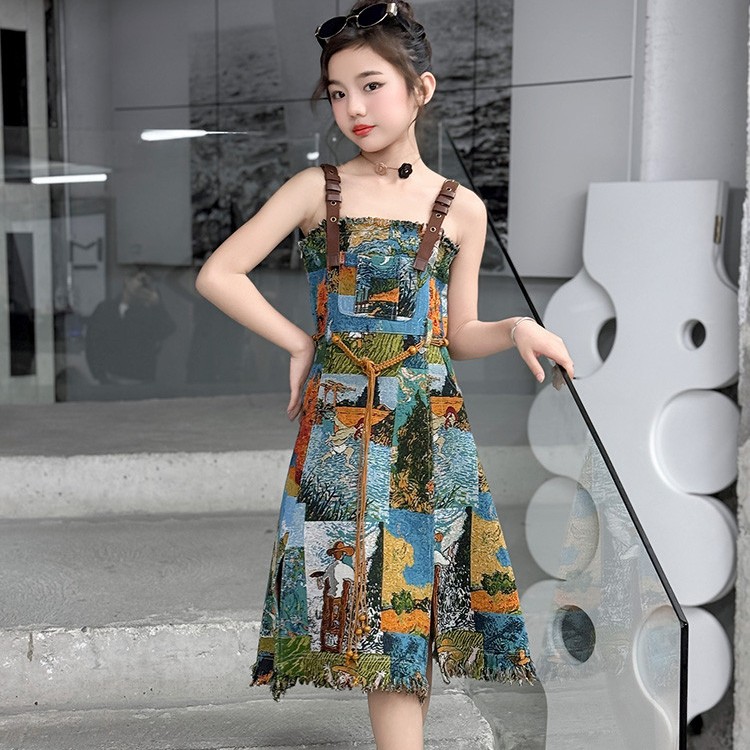 女童法式油画风吊带裙夏季2025新款梵高女宝复古背带沙滩裙背心裙