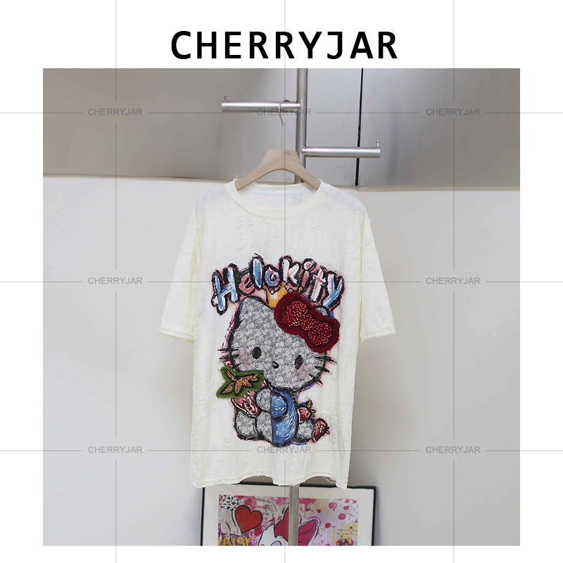Cherryjar【25686】时尚卡通贴布KT猫刺绣亮片点缀夏季磨破套装百搭